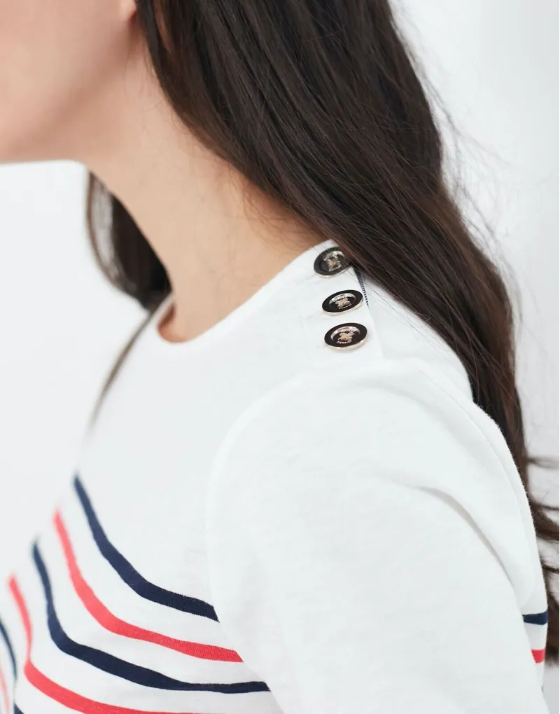 Joules Ladies Harbour Cream Stripe Short Sleeve Button Shoulder Top-1